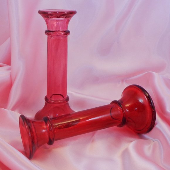 SOLD Two Red Indiana Glass Bud Vases/Candle Holders - Picture 3 of 5